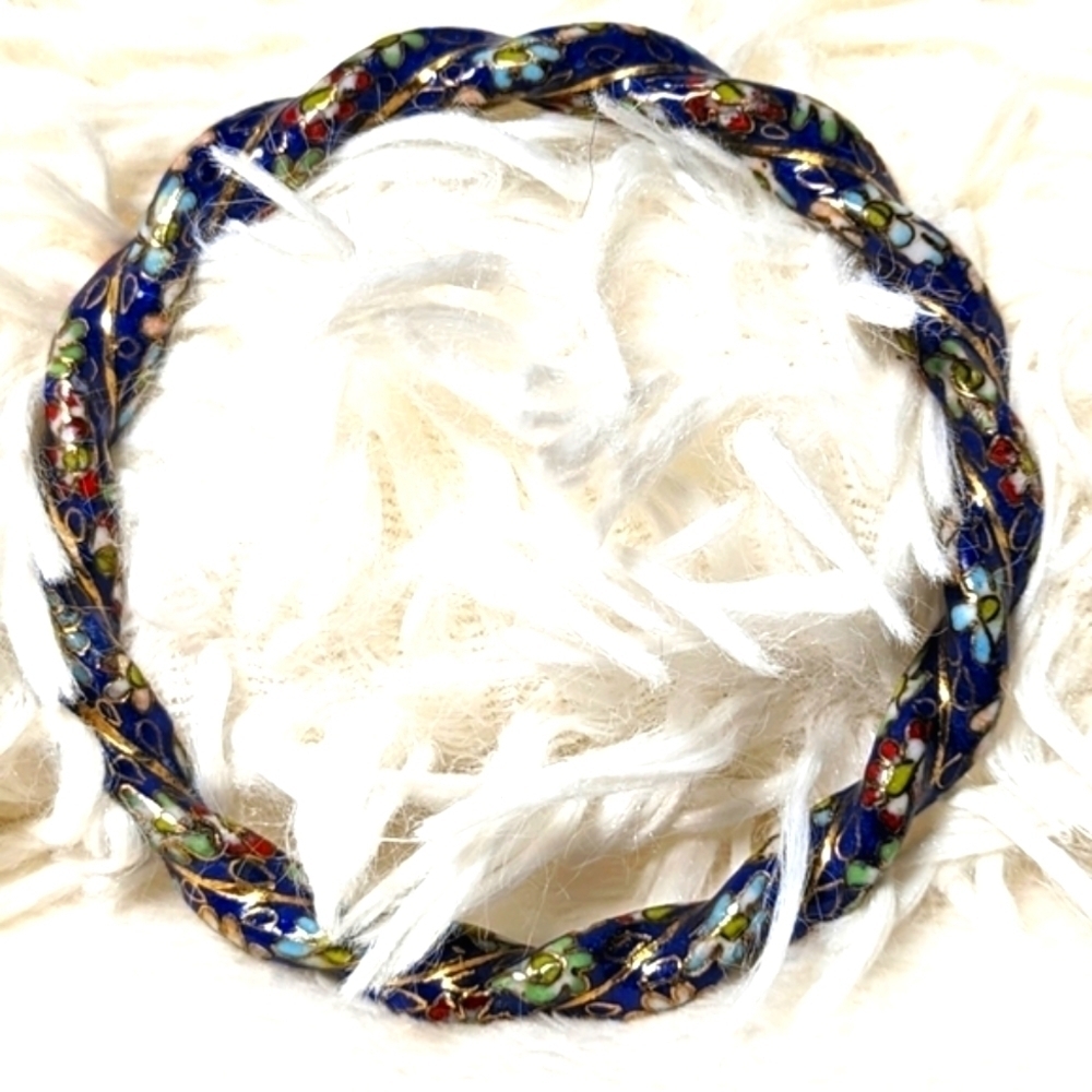 Vintage Rare Chinese Cloisonne Enamel Twisted Floral Bangle Bracelet - Picture 13 of 13
